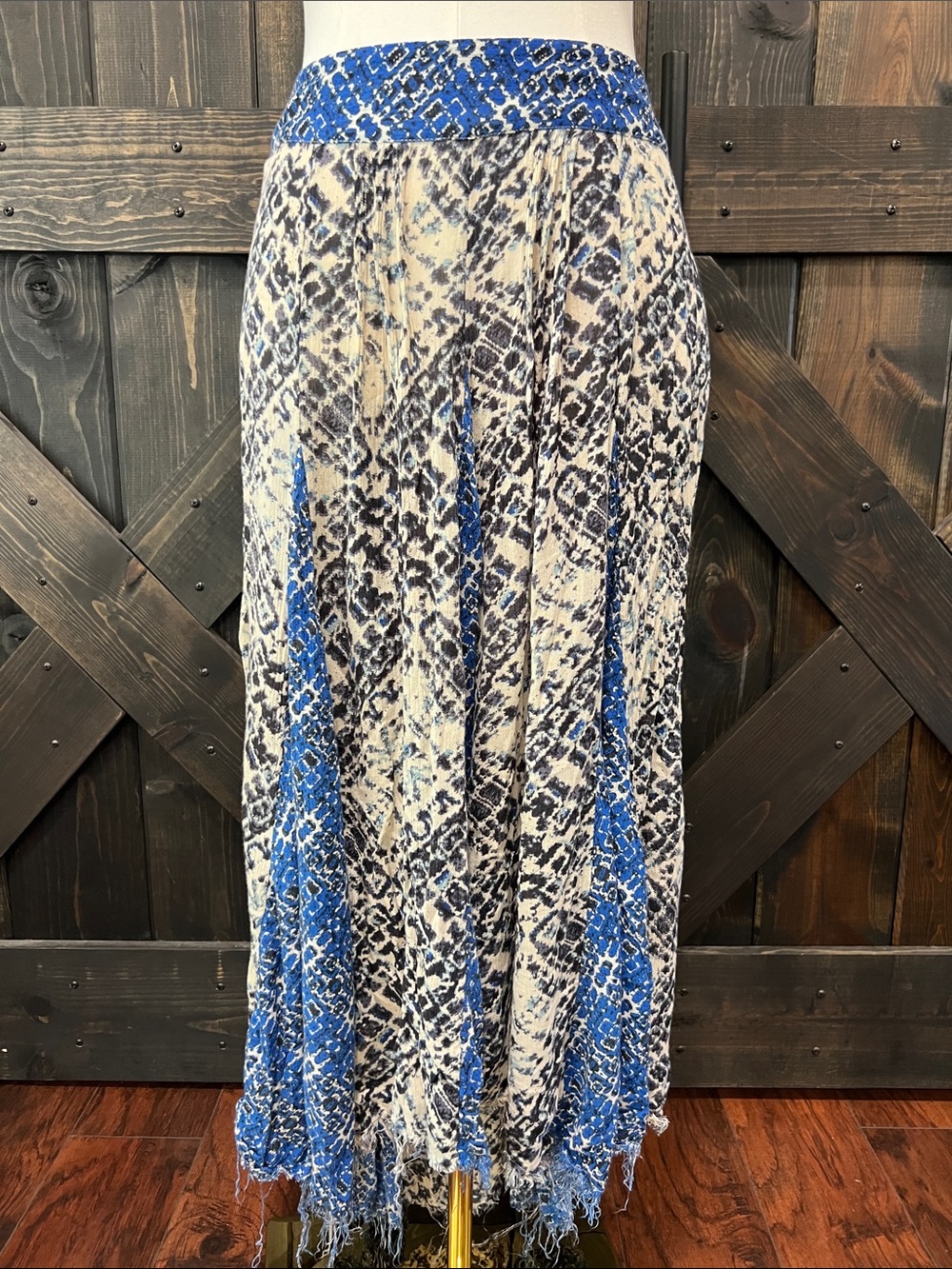 Free People Show You Off Midi Skirt S Blue Animal Print High Low Maxi Boho Raw